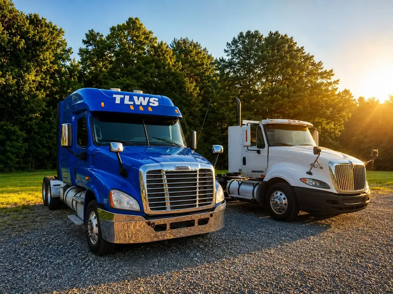 Blue and white Trucking Life Academy training trucks at sunset