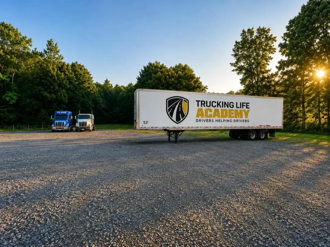 Trucking Life Academy tractor-trailer and training trucks in the yard at sunset.