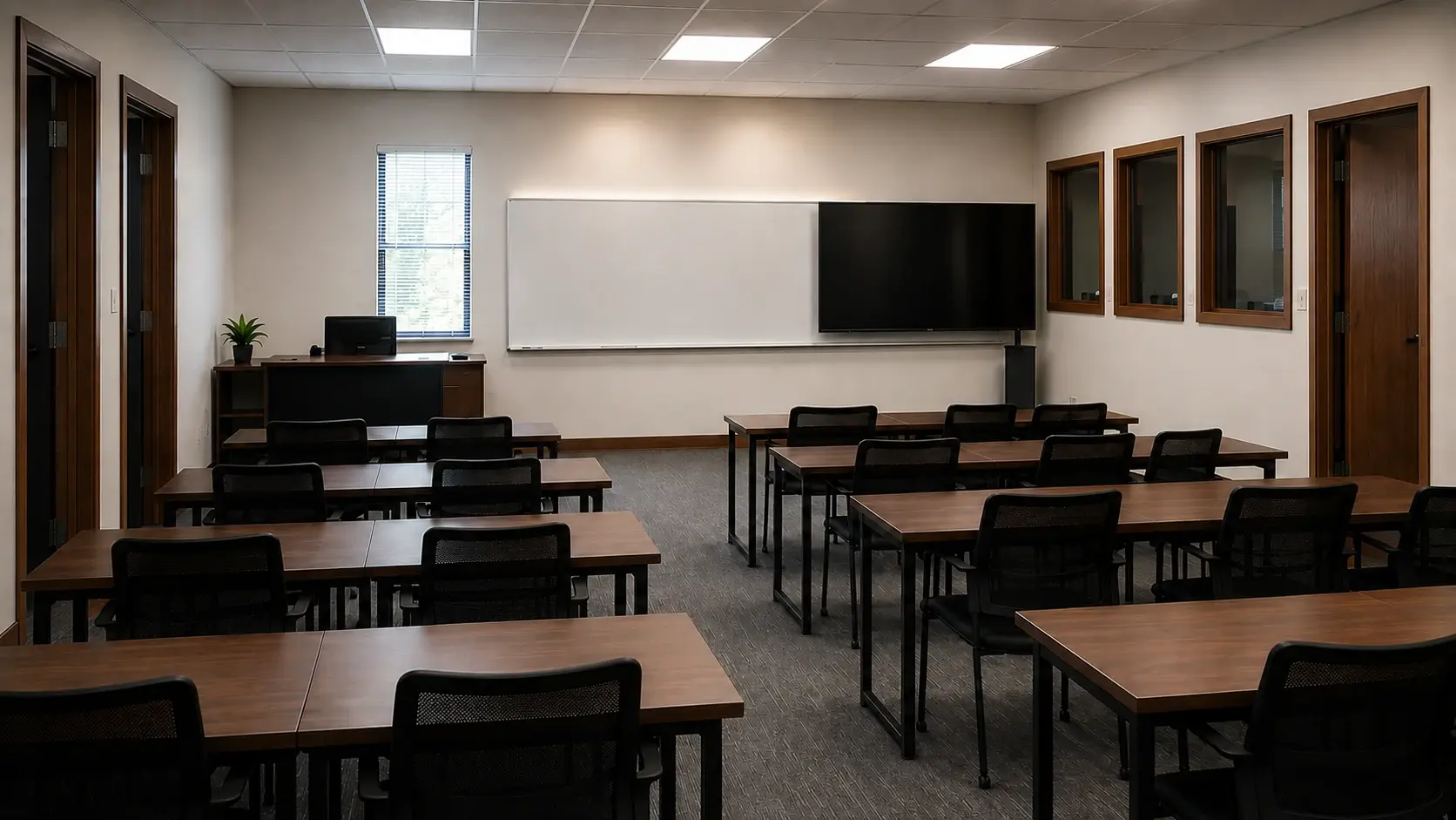 An empty CDL training classroom with rows of tables, a blank whiteboard and an instructor desk
