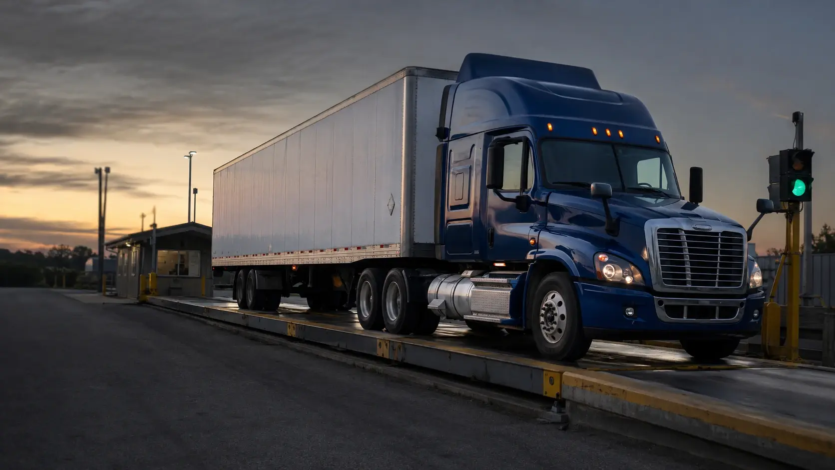 A blue semi-truck with a white trailer crossing the platform scale at a weigh station at dawn, green lane signal lit