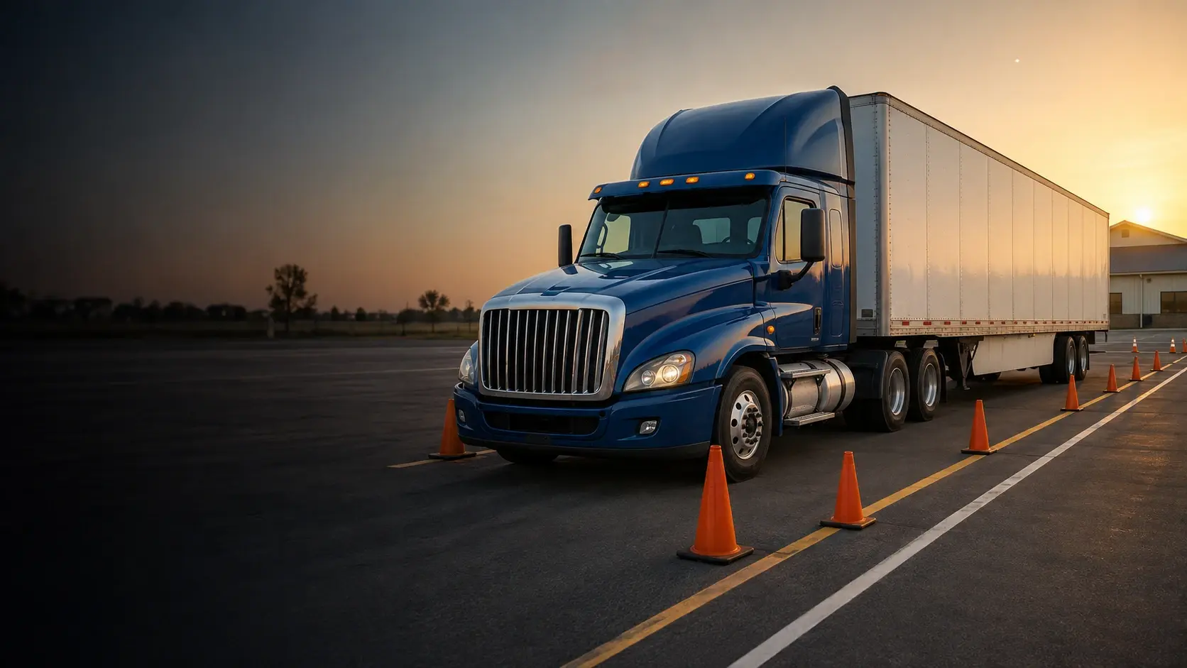 A blue tractor and white trailer parked on a CDL practice range at sunrise, traffic cones marking the lane