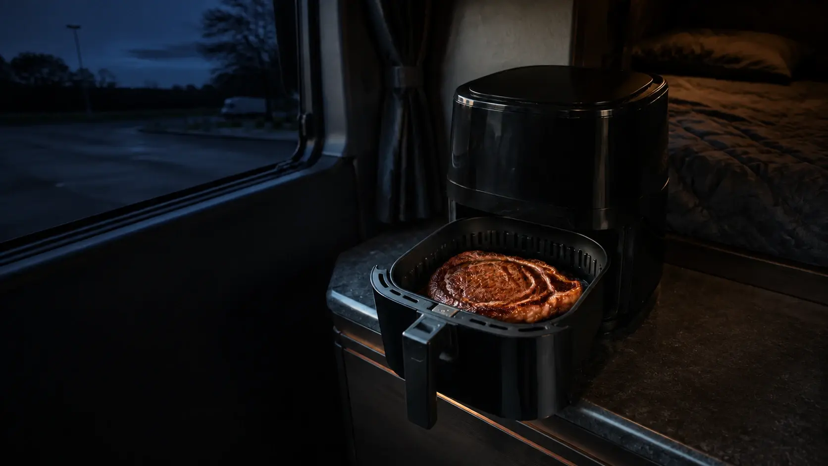 An air fryer on the counter of a parked truck sleeper at night, a cooked ribeye steak in the open basket