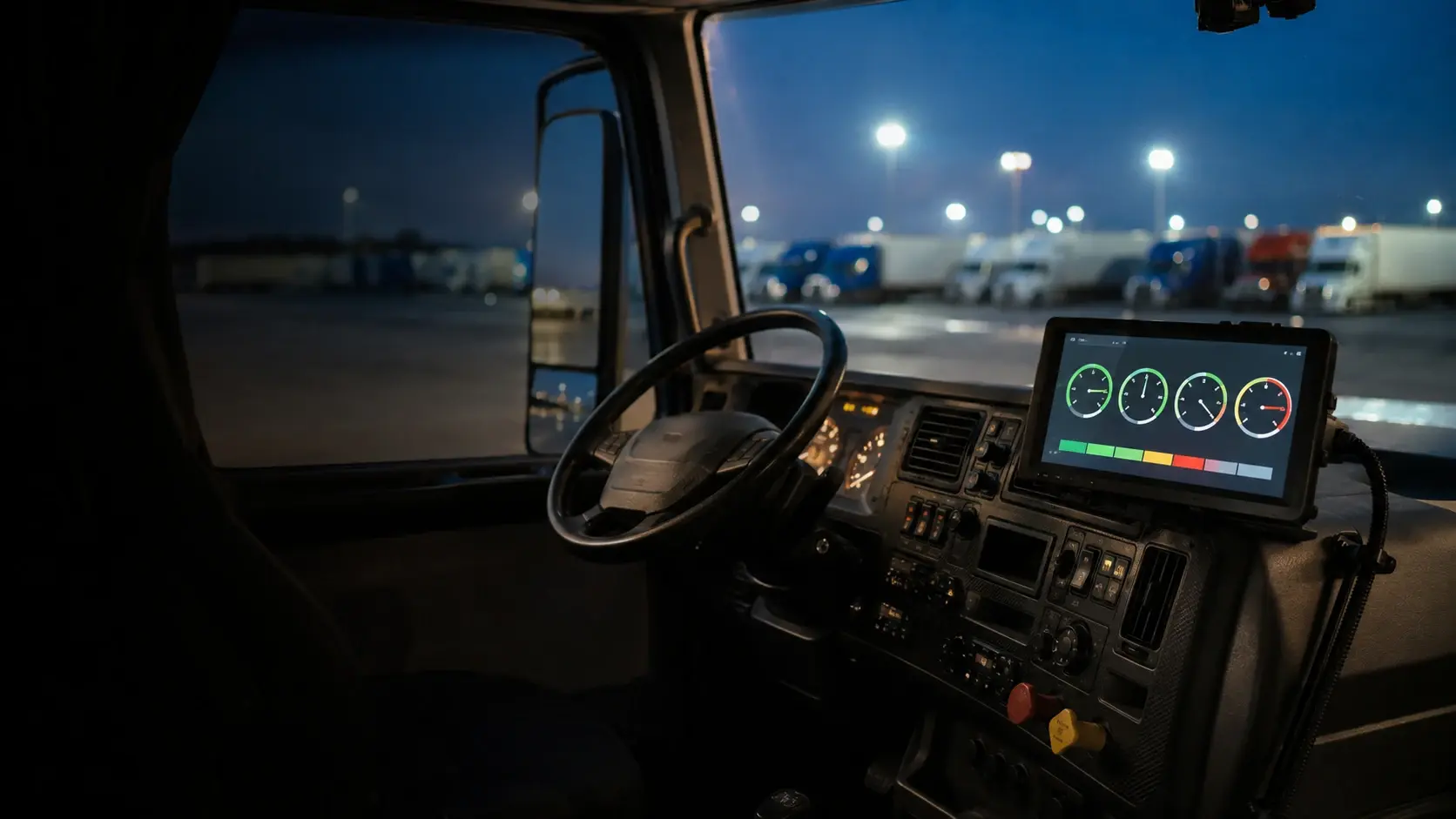 The empty cab of a parked truck at dusk, with an electronic logging device mounted on the dash