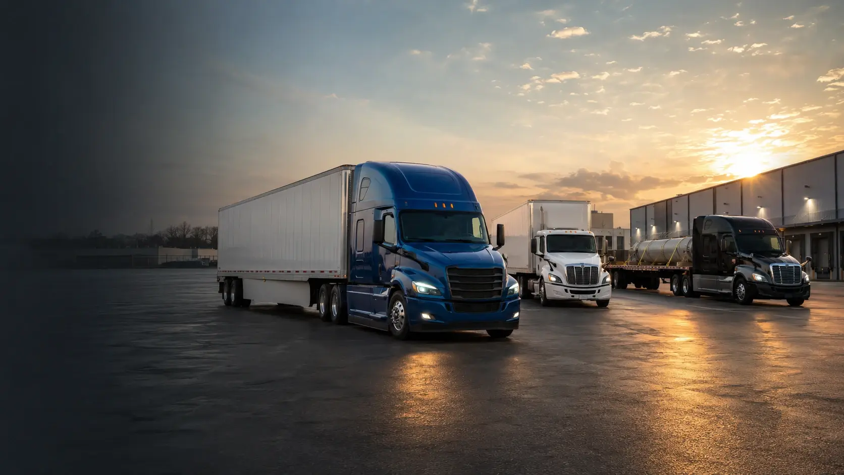 Three trucks parked at a freight terminal at sunset — a sleeper with a dry van, a day cab, and a tractor with a flatbed load