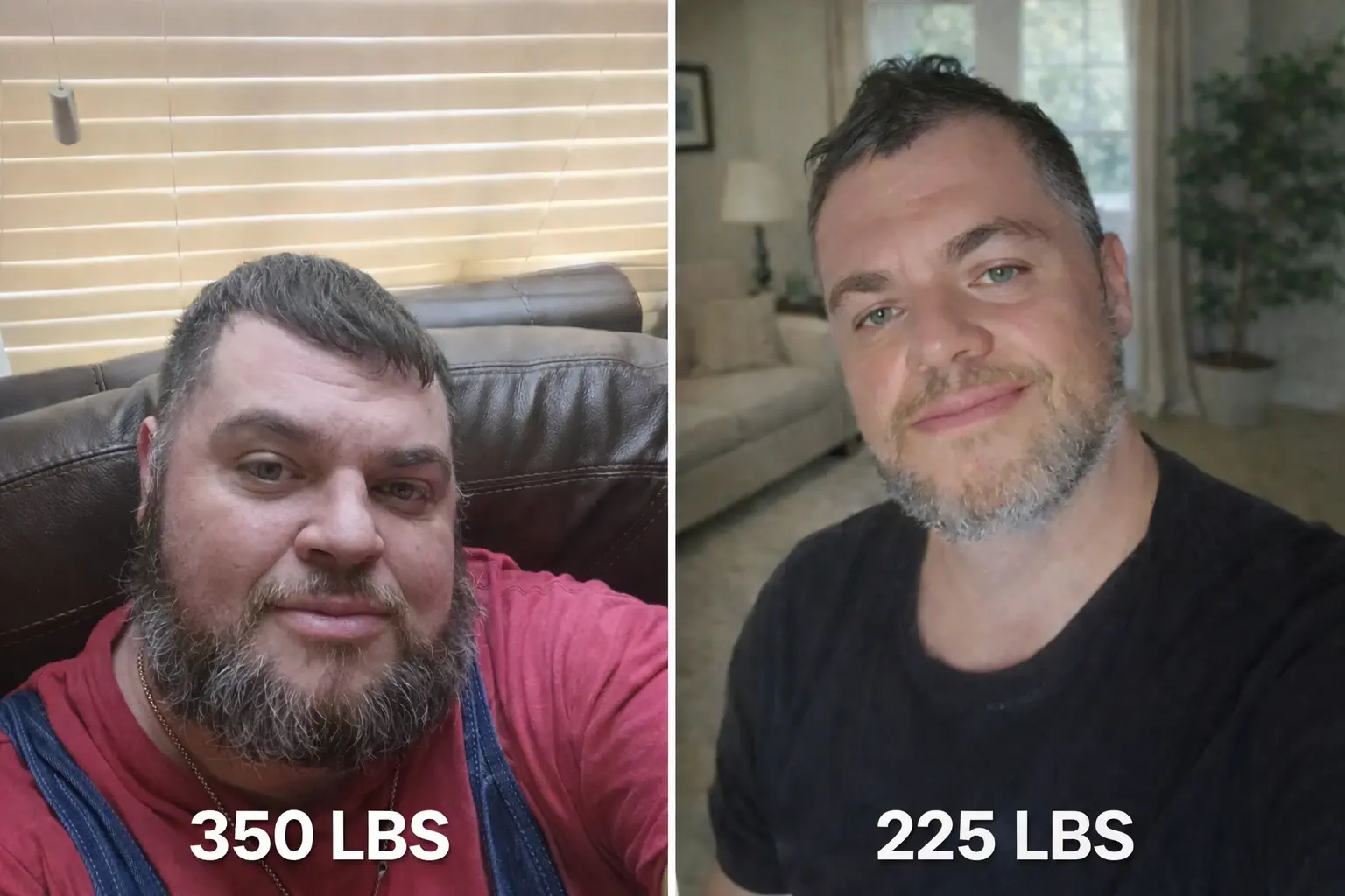 Shawn before and after, side by side: 350 pounds on the left, 225 pounds on the right