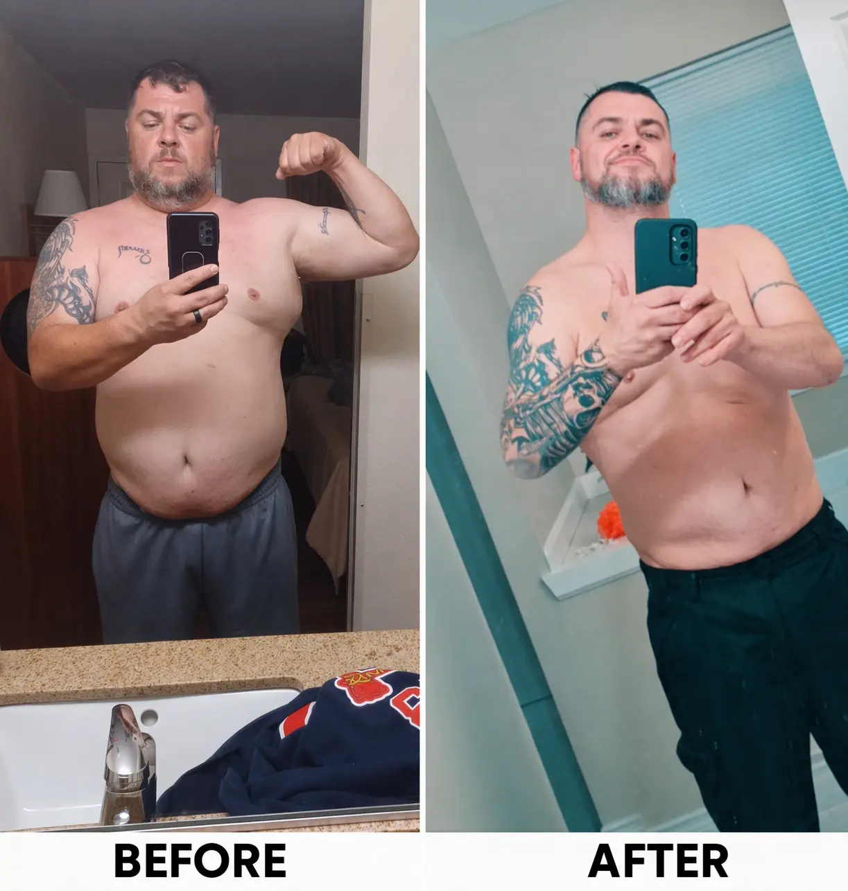 Shawn full-length before and after, two mirror photos labelled Before and After