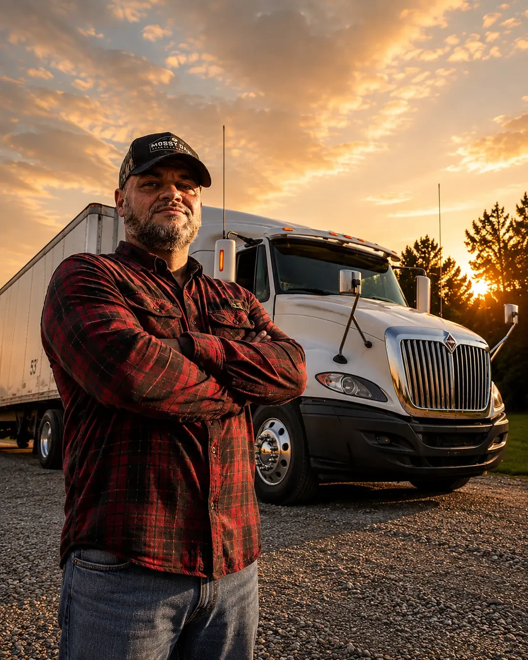 Shawn standing in front of a white International ProStar tractor-trailer at sunset.
