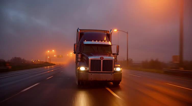 Tractor-trailer on a fog-lit highway under sodium lights